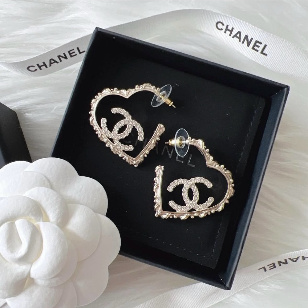 Chanel Gold CC Heart Hoops Earrings